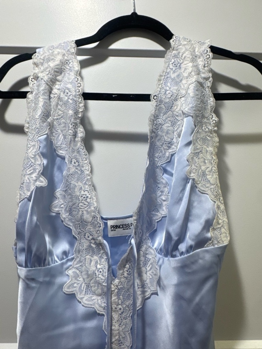 Princess Polly Light Blue Satin Mini Dress with White Lace Trim - Picture 3 of 3